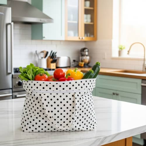 Fresh Organic Vegetables in Polka-dot Fabric Shopping Bag