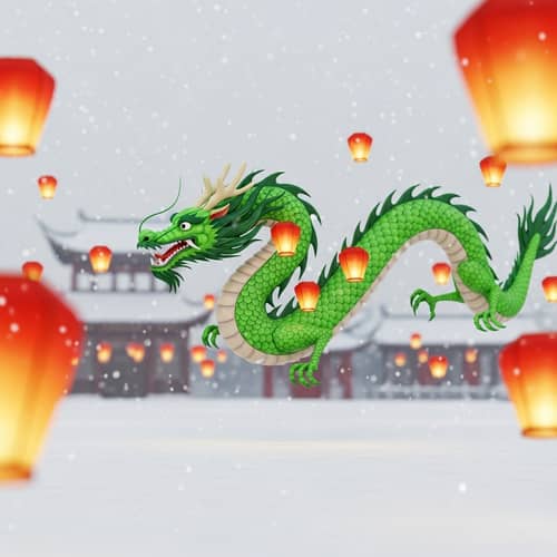 Green Chinese Dragon in Winter Setting | Chinese New Year Festivities
