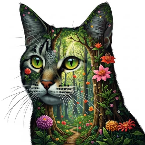 Exotic Flowers & Cat Head in Vibrant Forest