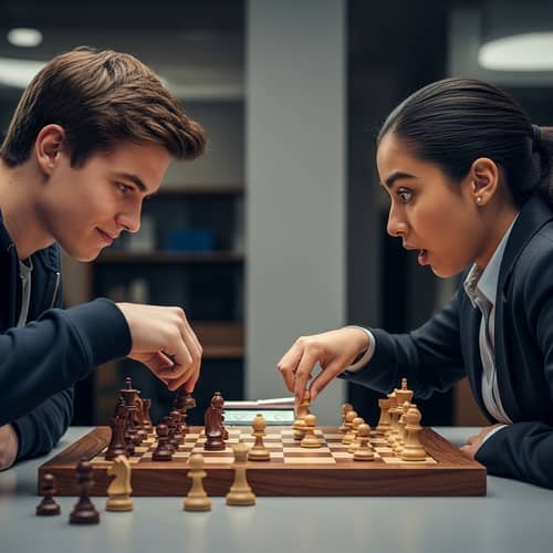 Intense Chess Battle: Male Student vs. Female Champion