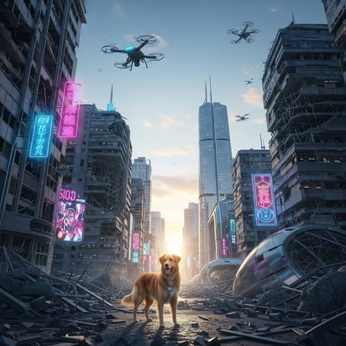 Resilient Golden Dog in Futuristic Post-catastrophe City