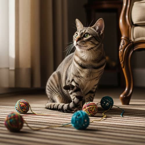 Playful Domestic Cat on Striped Carpet with String Toys
