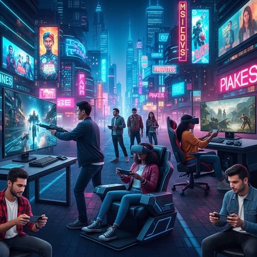 Cyberpunk Gaming Hub | Future-Themed Video Game Scene