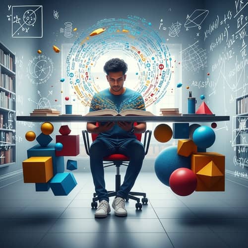 Surreal College Student Engrossed in Abstract Learning Environment
