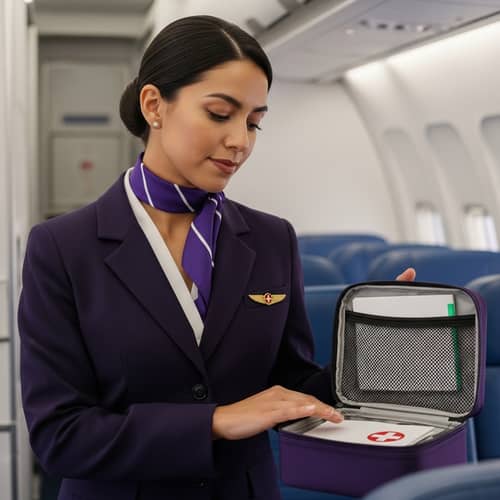 Female Flight Attendant Providing First Aid Assistance