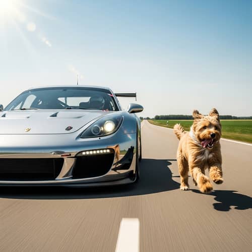 Vibrant Racing Car with Playful Dog on Open Road