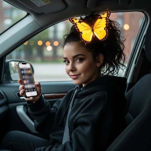 Ariana Grande Car Selfie with Yellow Butterfly Filter