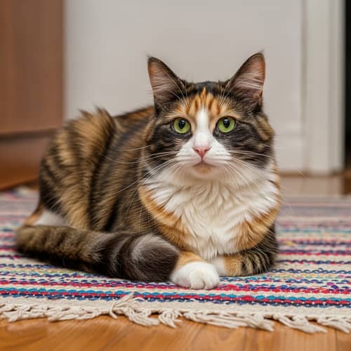 Beautiful Calico Cat Sitting on Colorful Rug