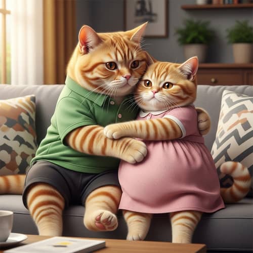 Adorable Ginger British Shorthair Cats Embrace in Cozy Setting
