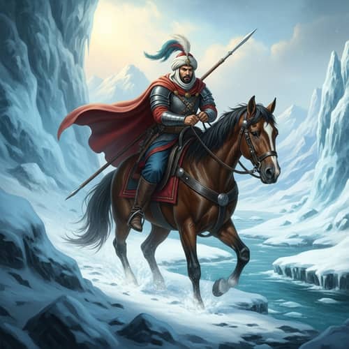 Epic Fantasy Scene: Paladin Rescued in Vast Snowy Landscape