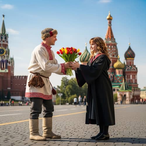Russian Tale: Ivan the Fool Gives Tulips to Hermione under Moscow Sun