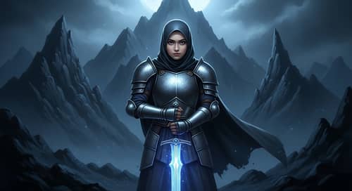 Brave Malay Teen in Armor with Glowing Sword | Adventure Mountain Scene