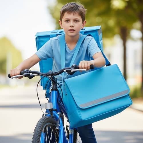 Caucasian Boy Riding Bicycle with Delivery Bag