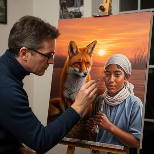 Intricate Artwork: Red Fox Painting by Middle-Aged Artist