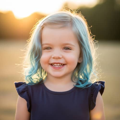 Enchanting Portrait of Smiling Three-Year-Old Girl with Blue Hair