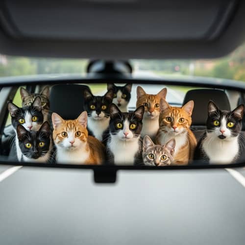 Colorful Cats Gathering in Car Mirror | Furry Felines Reflection
