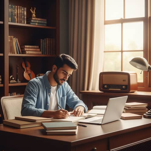 Guy Studying in a Cozy Library with Classical Music