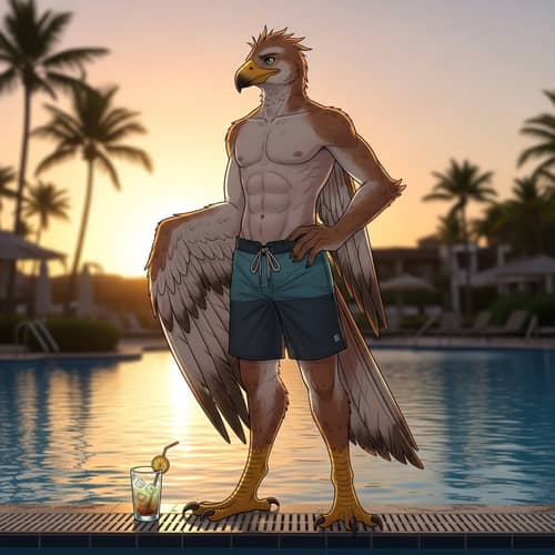 Male Bird Demi-Human by Pool in Swim Trunks
