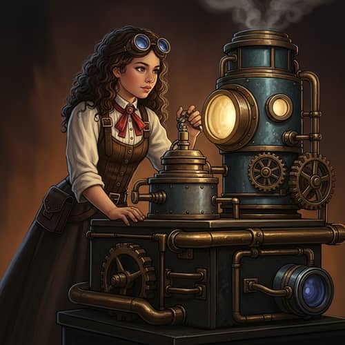 Young Hispanic Girl in Steampunk Attire Operating Steam Machine