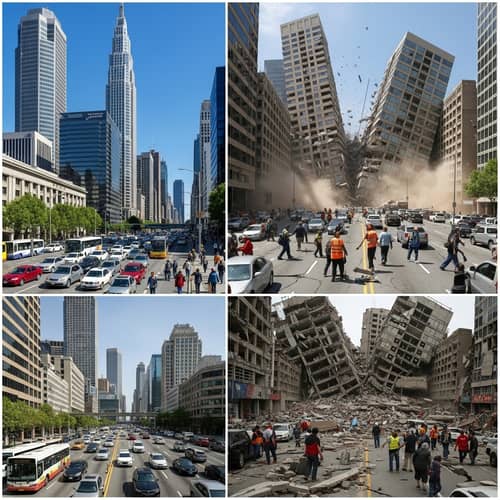 Urban City Before, During & After Earthquake - Dramatic Triptych