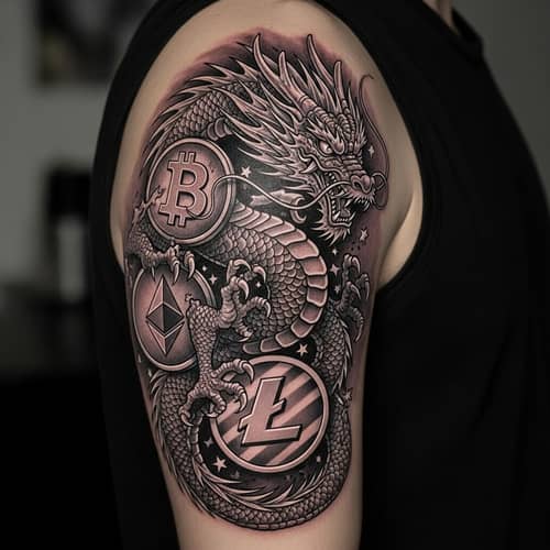 Unique Cryptocurrency Dragon Tattoo Design for Deltoid Area