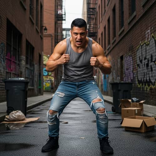 Muscular Hispanic Street Fighter in City Alley