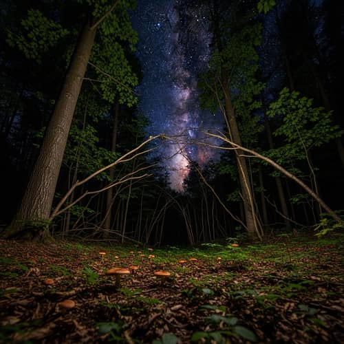Forest Floor Universe: Serene Night Among Majestic Trees