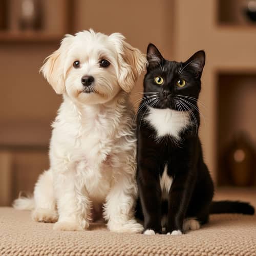 Maltipoo Dog and Black Cat Cozy Friendship | Pet Duo Scene