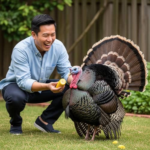 Asian Man Enjoying Time with Colorful Turkey Outdoors