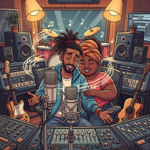 Cartoon Man with Dreadlocks in Recording Studio with Girlfriend