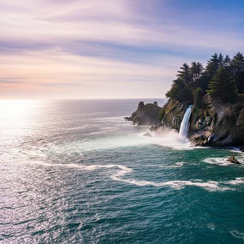 Serene Ocean Landscape with Majestic Waterfall | Nature Colors