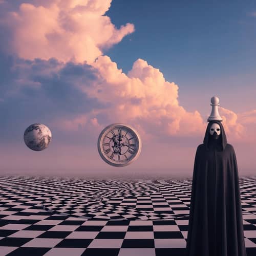 Enigmatic Sky Scene with Clock Face and Mystery Figure