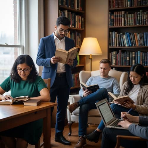 Literary Enthusiasts Gathering in Cozy Library