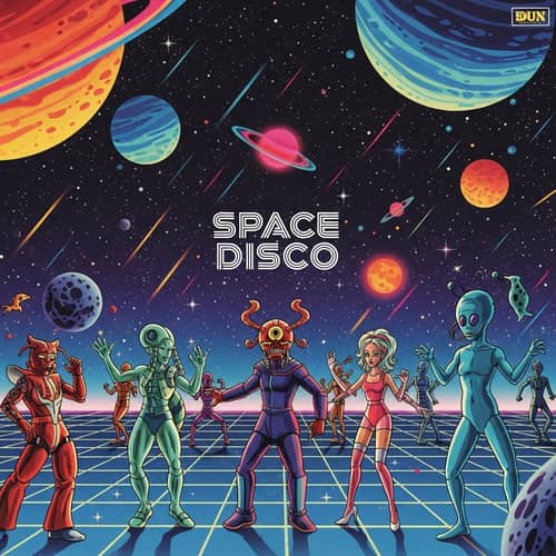 Cosmic Disco Party: Space Disco Album Cover Inspired by Heavy Metal Aesthetic