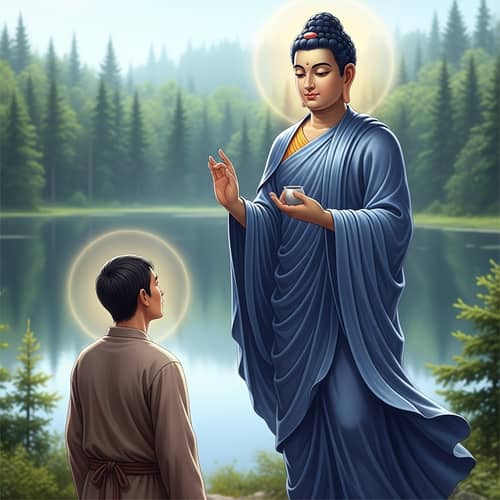 Serene Bodhisattva Blessing Layman in Tranquil Landscape