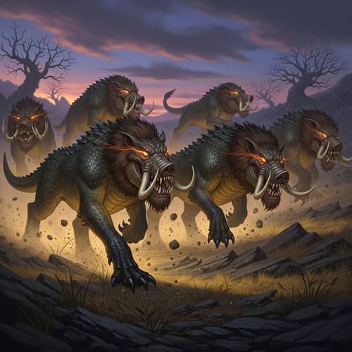 Squadron of Baghirs: Fantastical Creatures Charging Through Twilight Squadron of Baghirs: Fantastical Creatures Charging Through Twilight