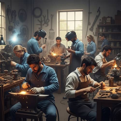 Diverse Artisans Crafting Tools - Maestranza Workshop