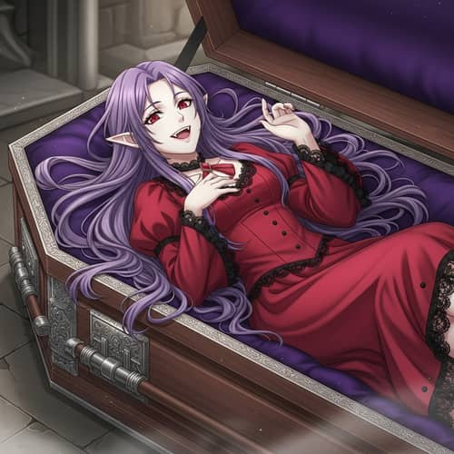 Cheerful Vampire Girl in Red Dress | Playful Supernatural Vibe