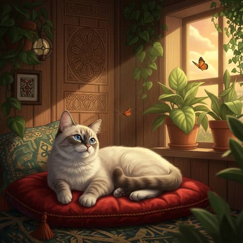 Adorable Blue-Eyed Domestic Cat on Red Velvet Cushion