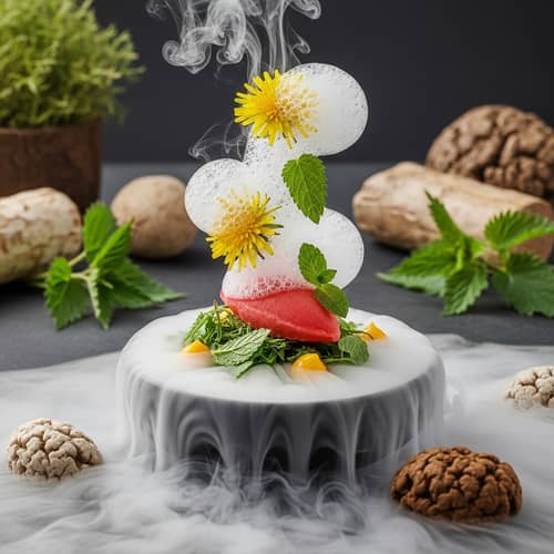 Futuristic Dandelion Sorbet with Foams, Gels & Nettle | Natural Background