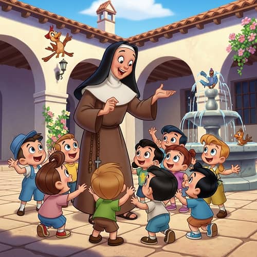 Joyful Franciscan Nun with Hispanic Children
