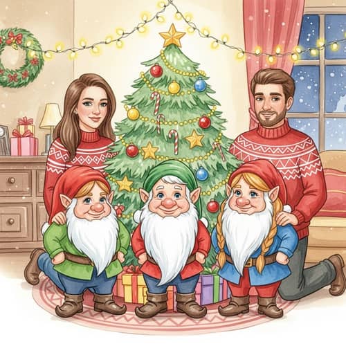 Festive Watercolor Painting of Dwarves and Humans Celebrating Christmas