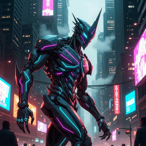 Cyberpunk Robot in Dystopian Cityscape
