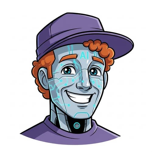 Friendly and Fun Male Robot with Ginger Curly Hair in Purple Hat