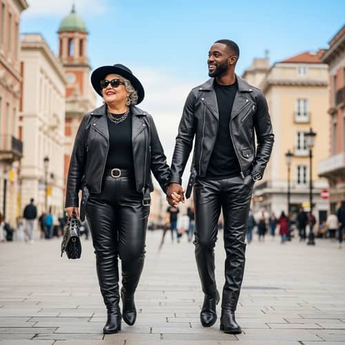 Hispanic Woman and Black Man Exploring City in Leather Outfits