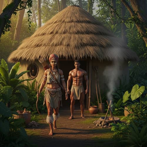 Tribal Woman Returning Home from Hunting with Muscular Husband