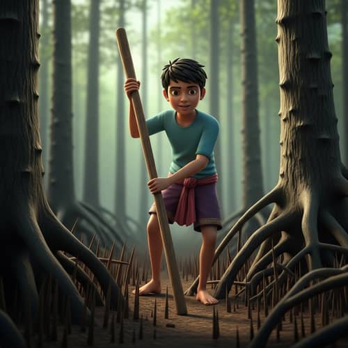 Adventurous South Asian Boy Navigating Mangrove Forest Animated