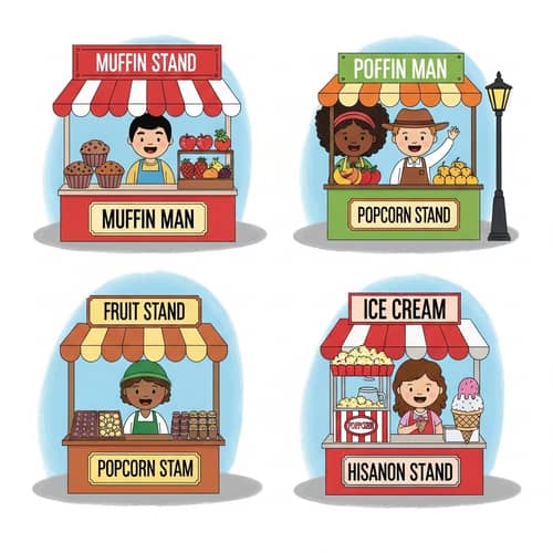 Vibrant Stage Play Illustration - Joyful 'Muffin Man' Scene
