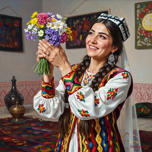 Jubilant Tajik Bride Oil Painting - Traditional Wedding Art