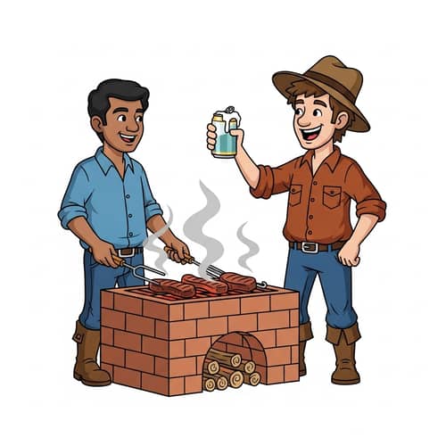 Lifelike Cartoon Hillbillies Grilling Meat & Drinking Beer